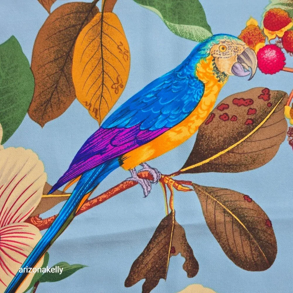 Vintage Silk Scarf Parrots Bird Hand Rolled Edges